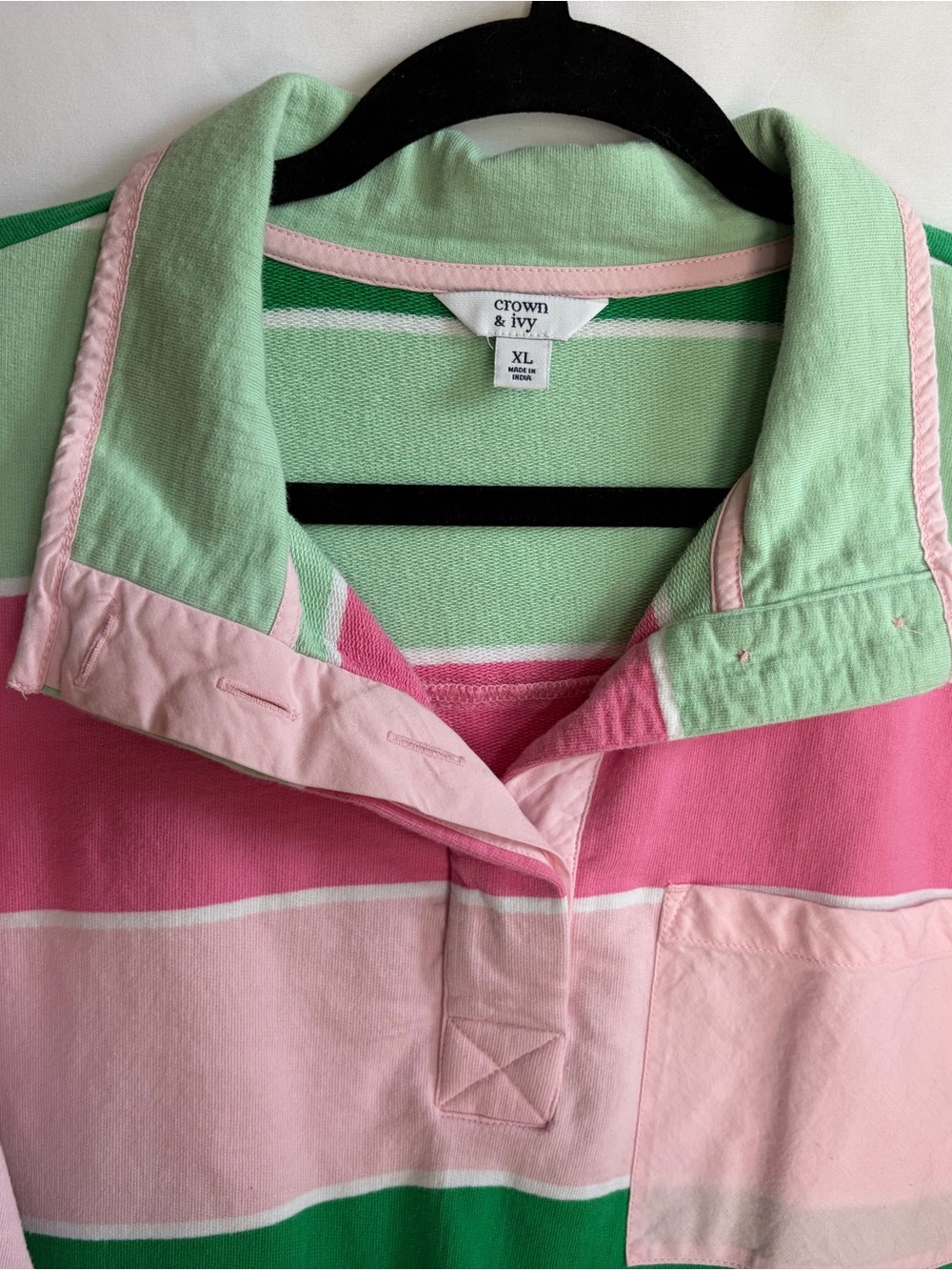 crown and ivy Pink Green Striped Rugy Polo Shirt Women Size XL - Picture 3 of 6
